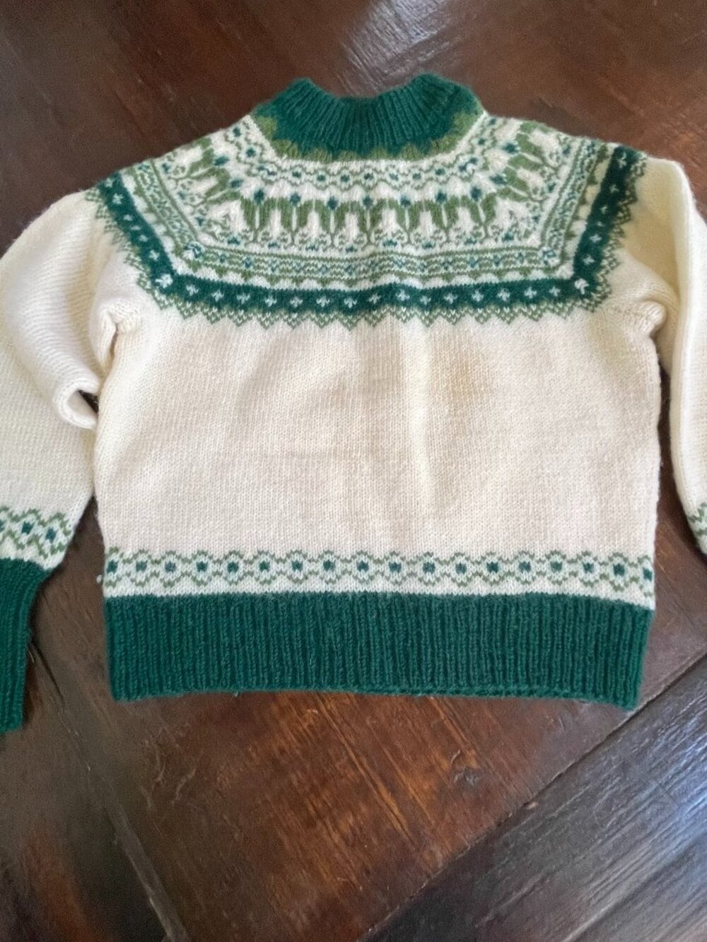 VTG Dannit Kids 100% Pure Wool Sweater Mock Neck Green White Hand Knit Denmark